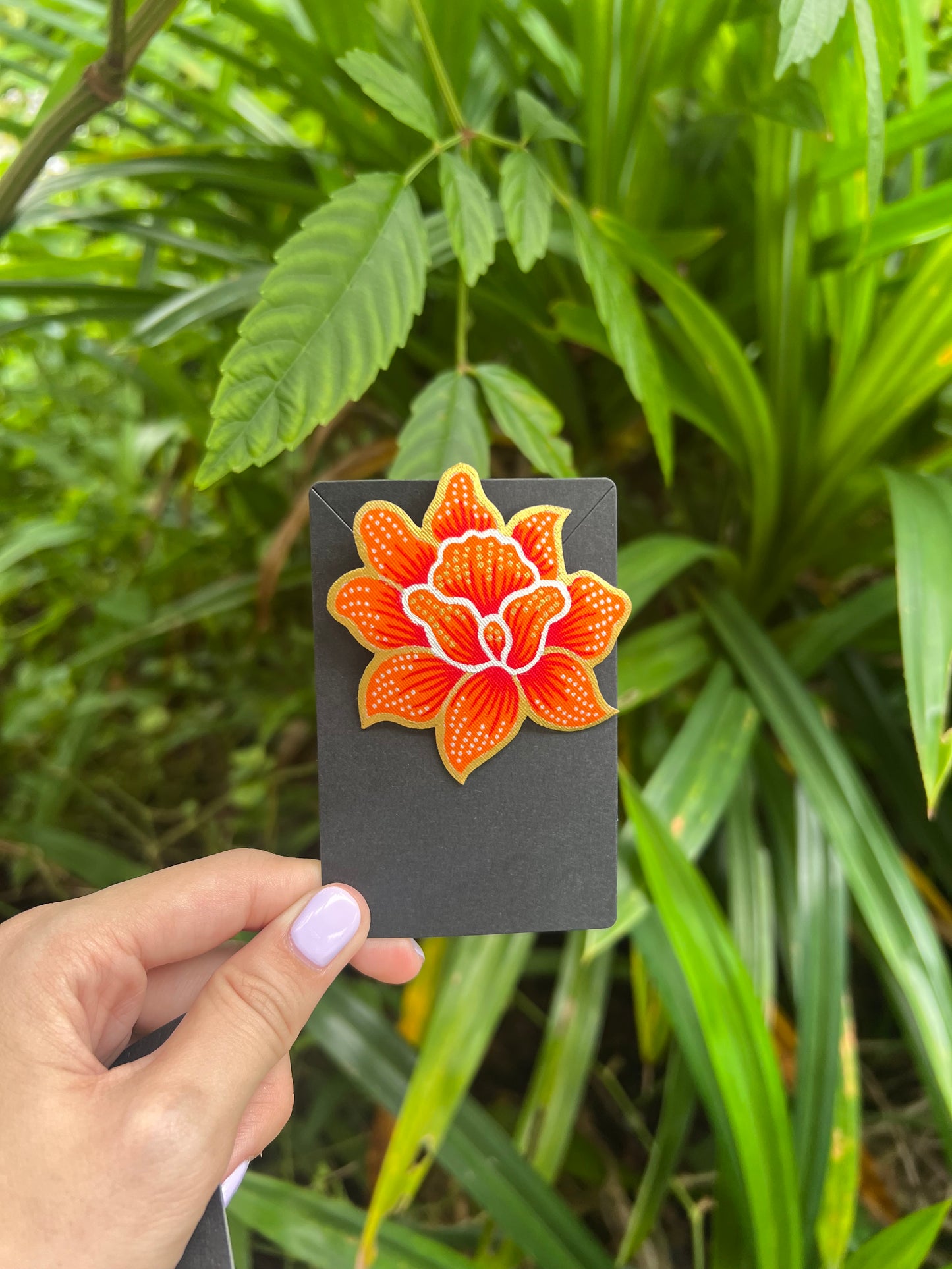 Rosa Batik Brooch in Orange and Gold details