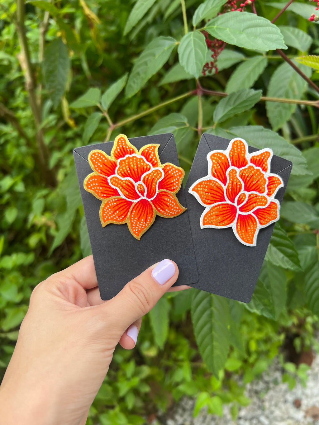 Rosa Batik Brooch in Orange and Gold details