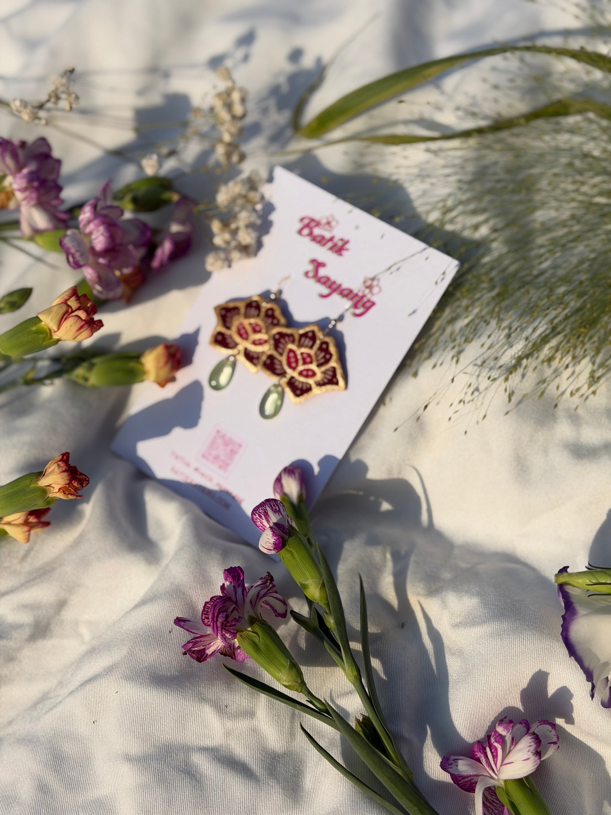 Seroja Batik Earrings- Strawberry Matcha