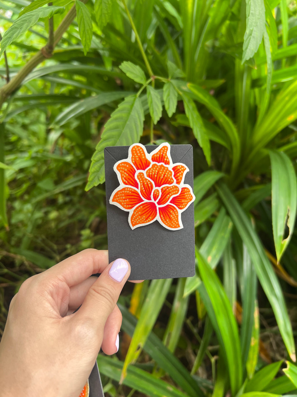 Rosa Batik Brooch in Orange and Gold details