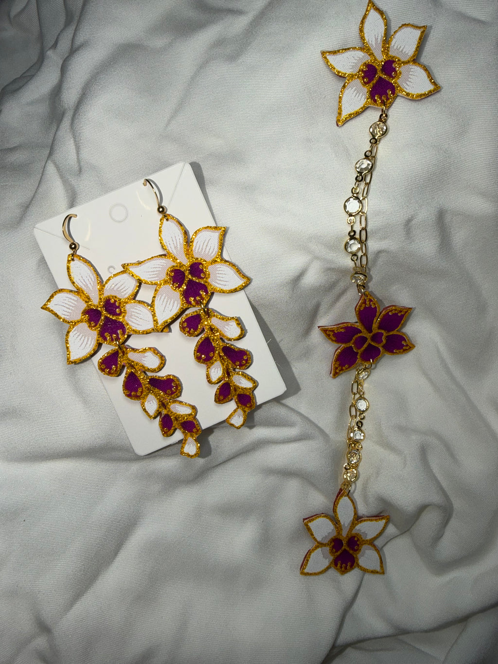 Miss Orchid Kerongsang Earrings Long Dangle Set (Purple)