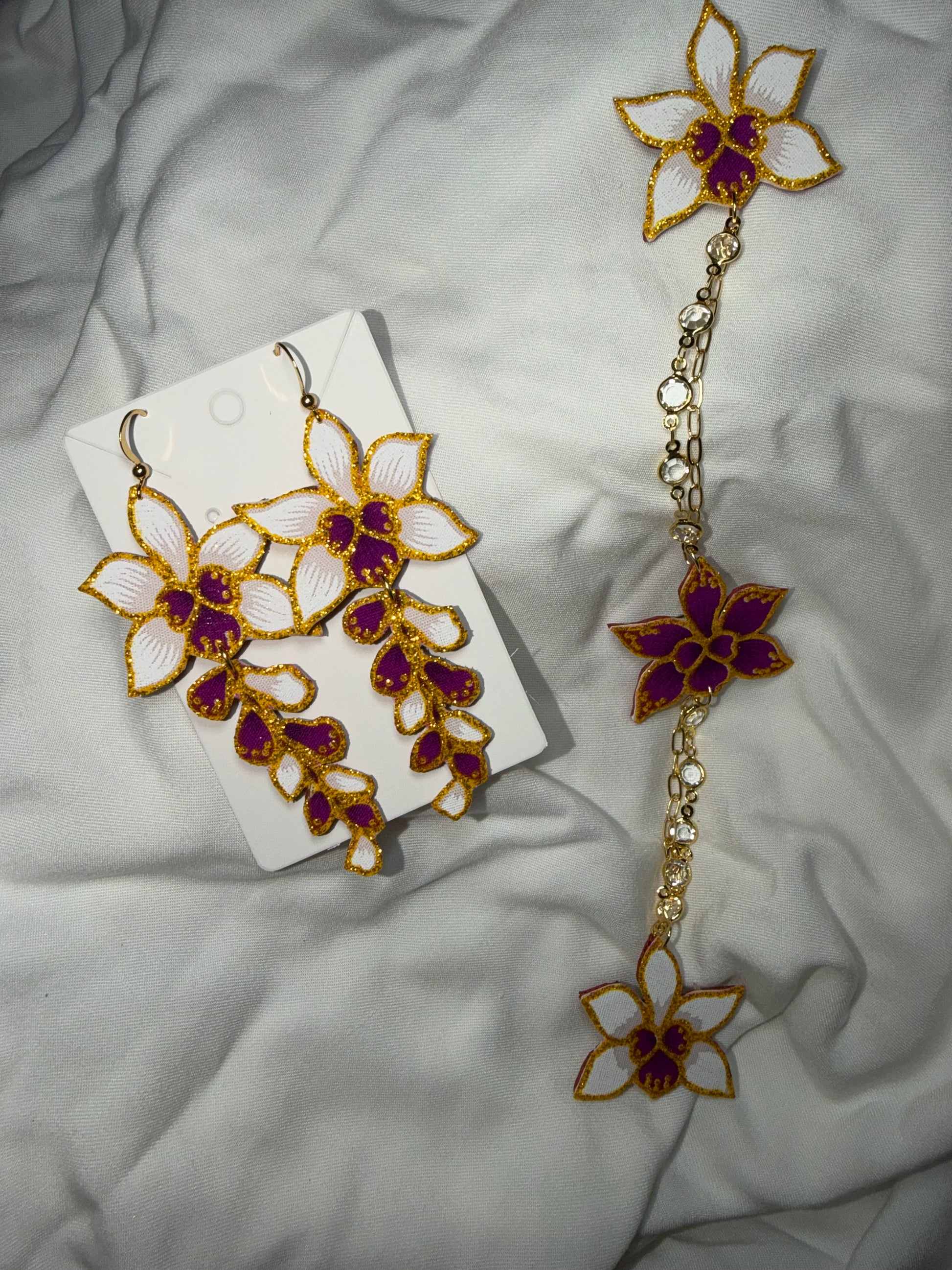 Miss Orchid Kerongsang Earrings Long Dangle Set (Purple)