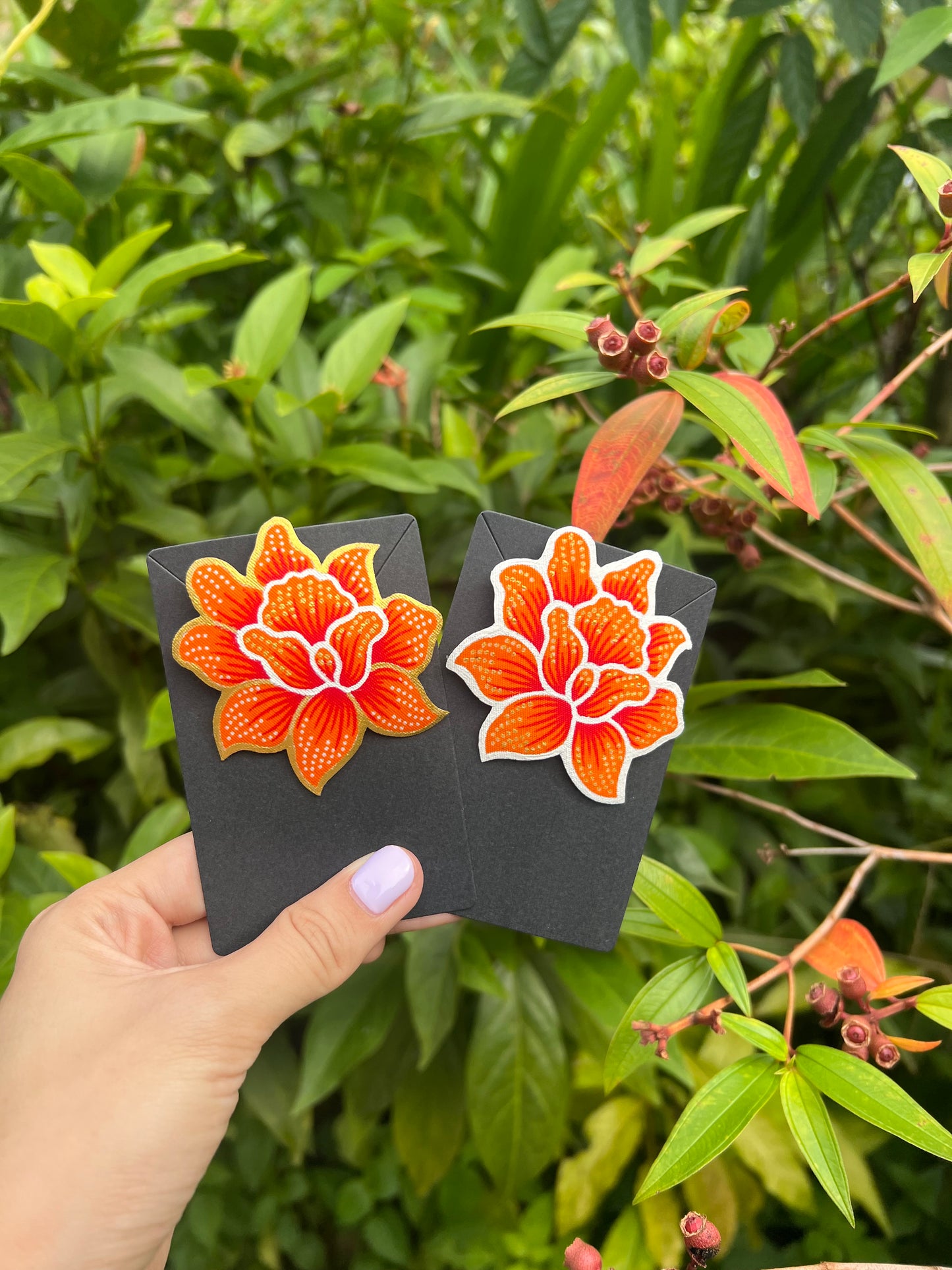 Rosa Batik Brooch in Orange and Gold details