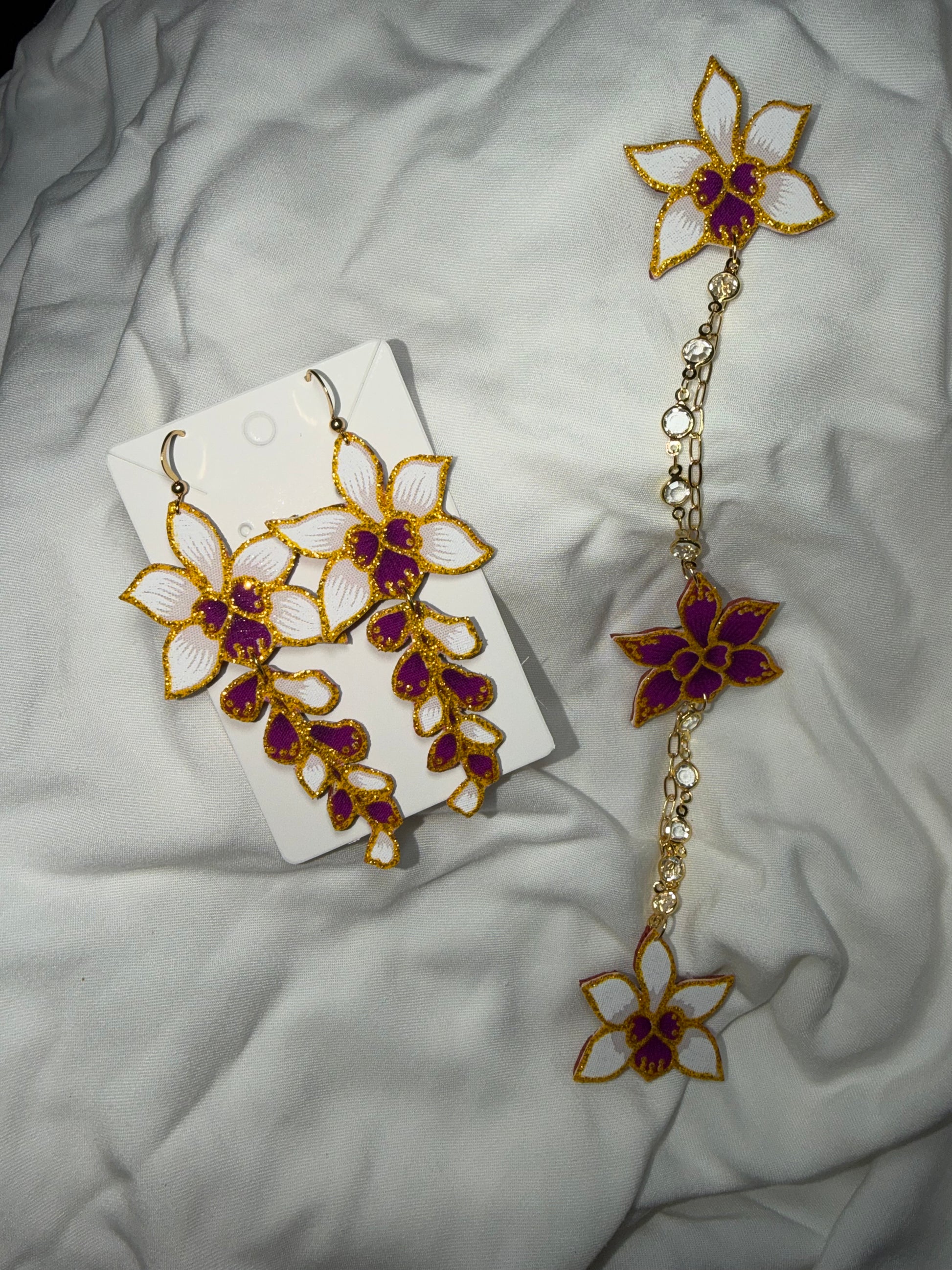 Miss Orchid Kerongsang Earrings Long Dangle Set (Purple)