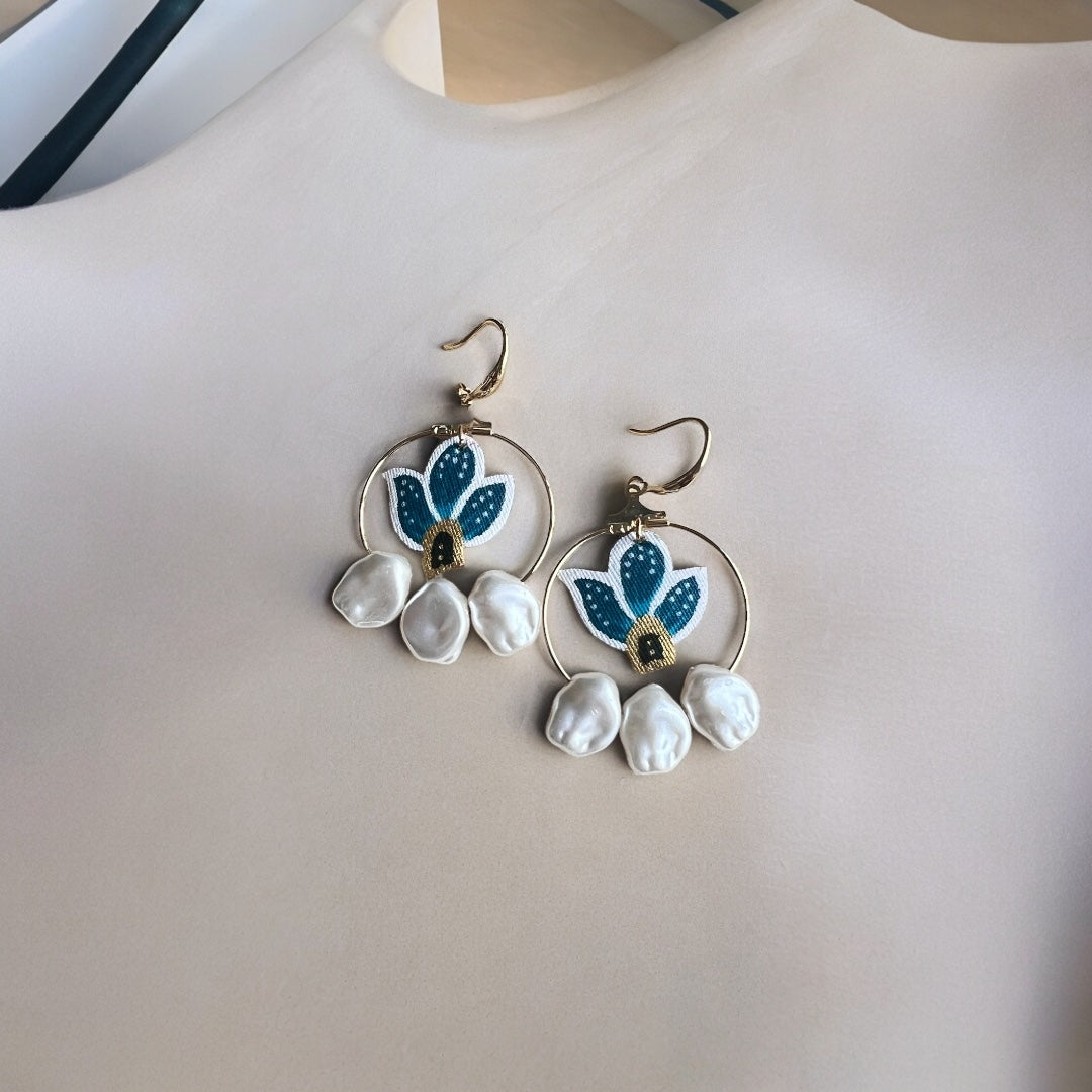 Teal Blue Poppy Pearl Earrings